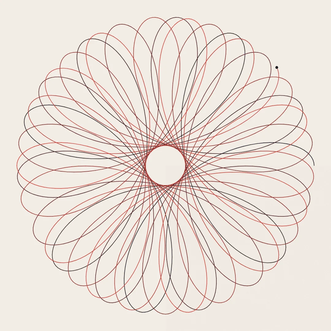 A dense red and black flower drawn as one continuous line on warm paper